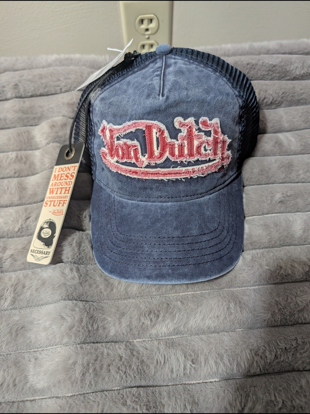 Von Dutch Distressed Patch Trucker Hat - Navy with Red Logo